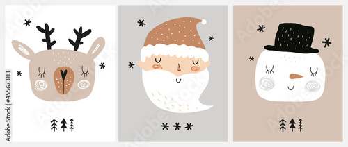 Cute Christmas Party Vector Illustrations with Snowman, Deer, Santa Claus and Trees on a White, Gray and Brown Background. Hand Drawn Infantile Style Winter Holidays Prints ideal for Card, Wall Art. 