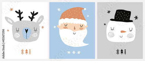 Cute Christmas Party Vector Illustrations with Snowman, Deer, Santa Claus and Trees on a White, Gray and Blue Background. Hand Drawn Infantile Style Winter Holidays Prints ideal for Card, Wall Art. 