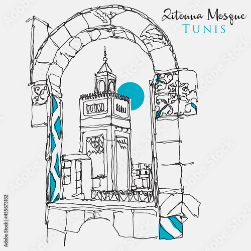 Drawing sketch illustration of Zitouna Mosque in Tunis, Tunisia