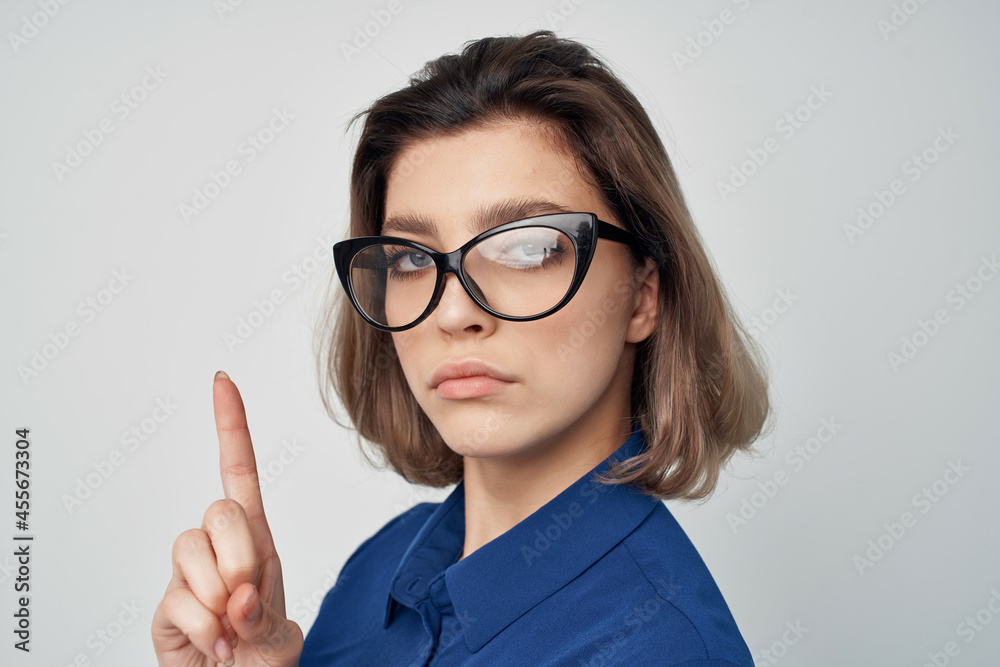 elegant woman wearing glasses blue shirt studio elegant woman wearing glasses blue shirt studio