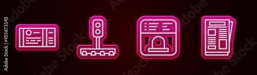 Set line Train ticket, traffic light, Ticket office to buy tickets and News. Glowing neon icon. Vector