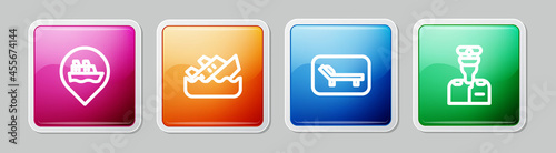 Set line Location with cruise ship, Sinking, Sunbed and umbrella and Captain of. Colorful square button. Vector