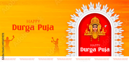 Goddess Durga Face in Happy Durga Puja Subh Navratri Indian religious header banner background