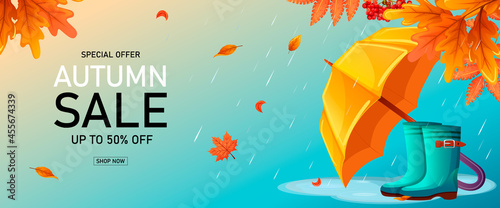 Autumn composition. Maple and oak leaves, ash berries, umbrella, rubber boots on blue background. Special offer, sale, shop now. Vector illustration