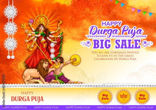 Goddess Durga Face in Happy Durga Puja Subh Navratri Indian religious header banner background