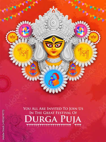 Goddess Durga Face in Happy Durga Puja Subh Navratri Indian religious header banner background photo