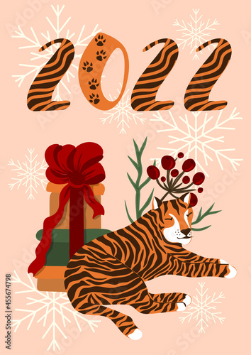 New Year of the Tiger 2022. Postcard with cute hand-drawn tiger. Wild animal. Christmas and new year holidays. Vector illustration.