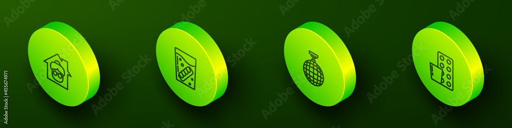 Set Isometric line Nursing home, False jaw glass, Disco ball and Pills blister pack icon. Vector Set Isometric line Nursing home, False jaw glass, Disco ball and Pills blister pack icon. Vector
