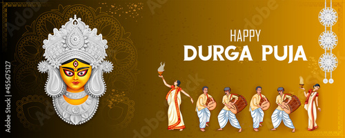 Goddess Durga Face in Happy Durga Puja Subh Navratri Indian religious header banner background photo