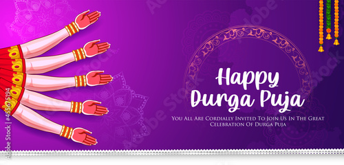 Goddess Durga Face in Happy Durga Puja Subh Navratri Indian religious header banner background