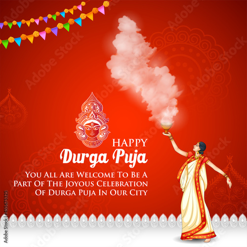 Goddess Durga Face in Happy Durga Puja Subh Navratri Indian religious header banner background