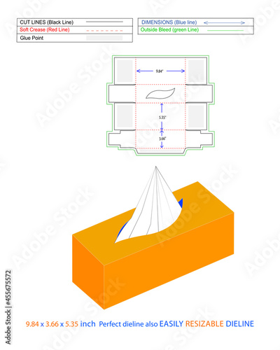 Beautiful Tissue box 9.84x3.66x5.35 inch boxes packaging dieline template and 3D box vector file