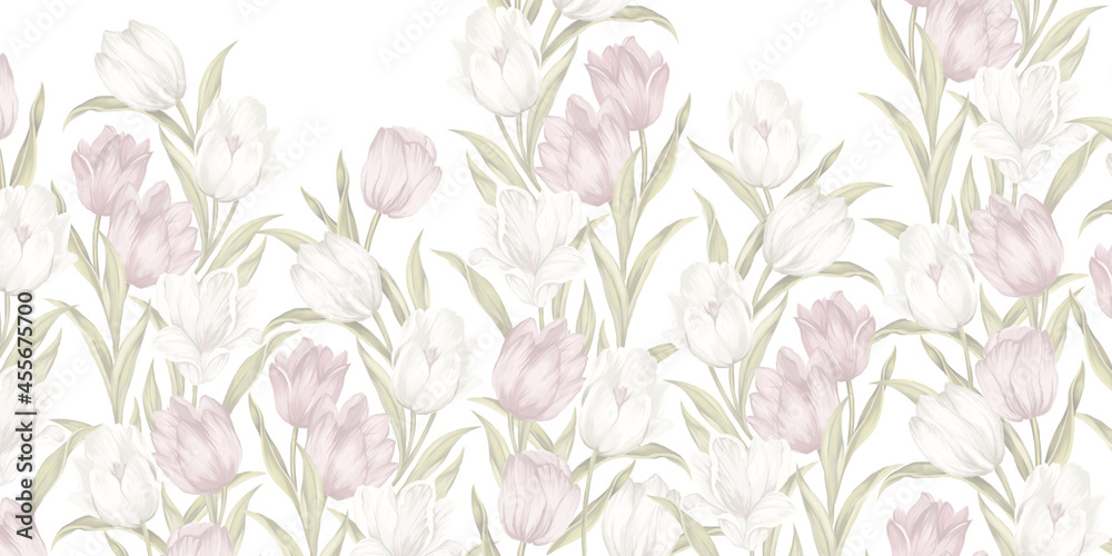 tulips on a white background painted in a pastel style, a large number of tulips, wall murals in the room