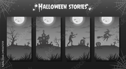 Halloween night illustrations and backgrounds collection. Stories templates for halloween. Big glowing moon with bats, zombie, flying witch. Wtich house, sinister tree and graves. photo