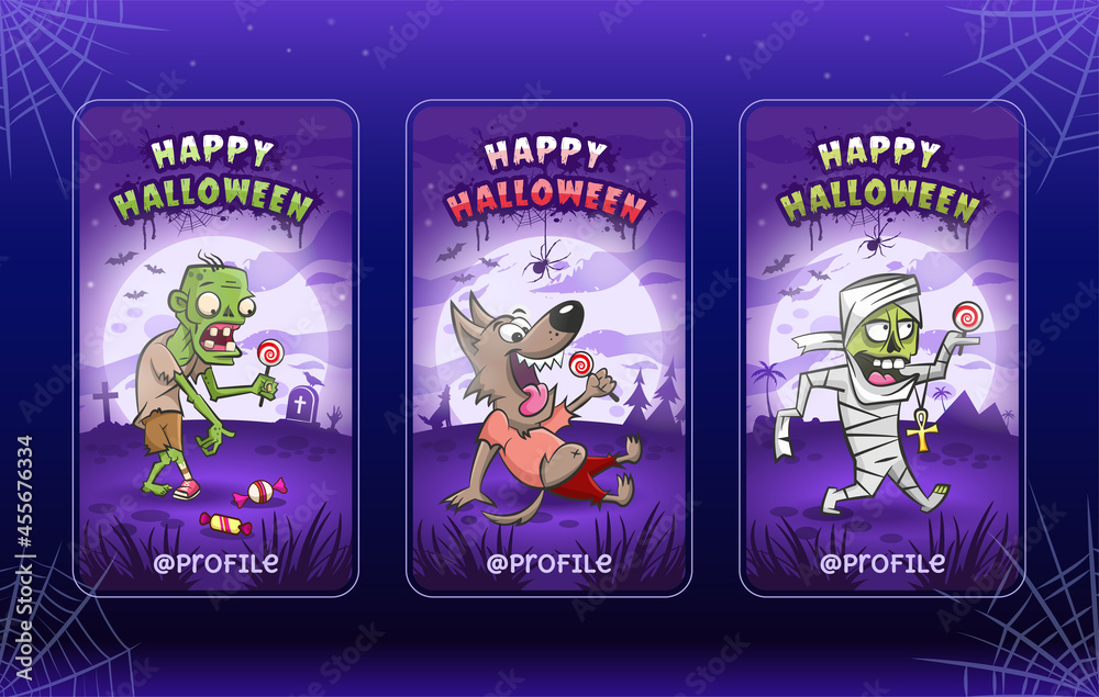 Obraz premium Happy Halloween. Stories templates collection. Cartoon vector illustrations for halloween. Zombie, werewolf and mummy with candies lollipops. Big glowing full moon.