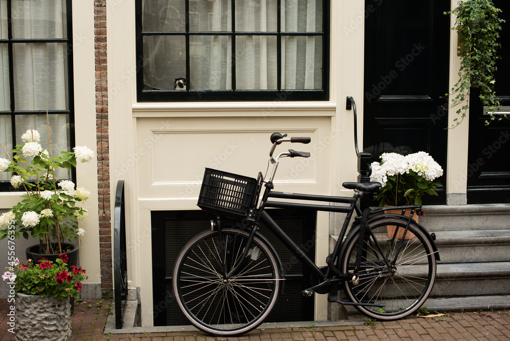 bicycle in front of a house in Amsterdam bicycle in front of a house in Amsterdam