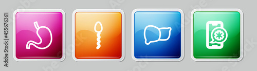 Set line Human stomach, Sperm, organ liver and Emergency phone call. Colorful square button. Vector