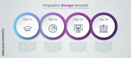 Set line Graduation cap, Basketball ball, Online class and School building. Business infographic template. Vector