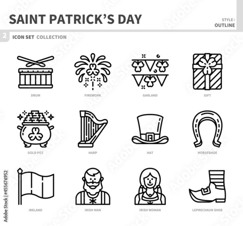 saint patrick's day icon set,outline style,vector and illustration