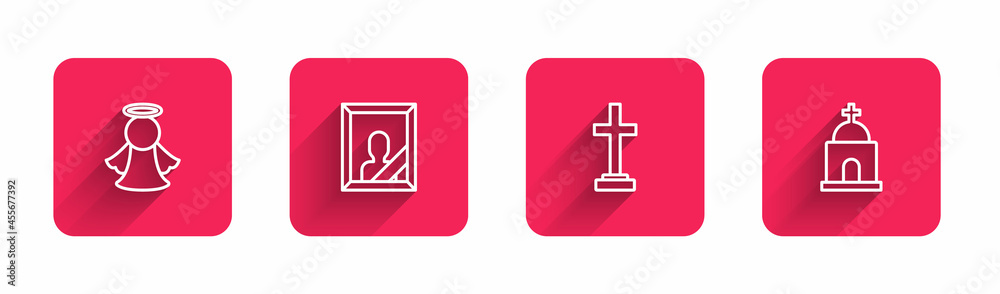 Set line Angel, Mourning photo frame, Grave with cross and Old crypt with long shadow. Red square button. Vector Set line Angel, Mourning photo frame, Grave with cross and Old crypt with long shadow. Red square button. Vector