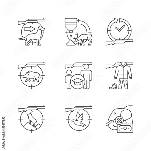 Animal hunter linear icons set. Dog handler. Goat and boar hunting. Pigeon shooting. Hunt education. Customizable thin line contour symbols. Isolated vector outline illustrations. Editable stroke