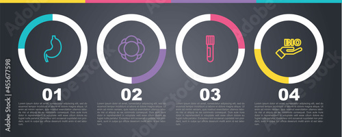 Set line Human stomach, Molecule, Test tube and flask and Bio healthy food. Business infographic template. Vector