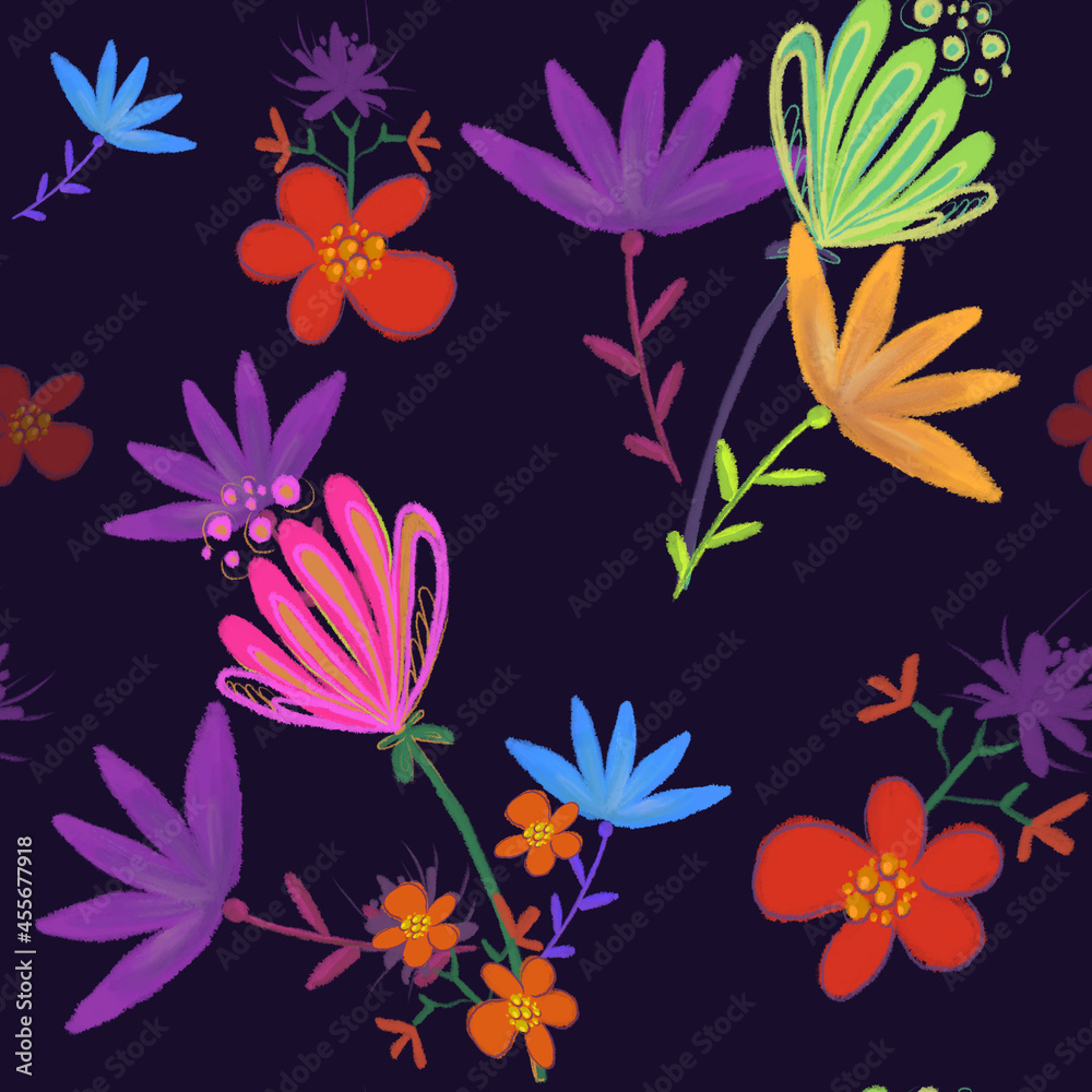 Bright Fantasy Flowers - seamless pattern for print or web design, wrapping, cards.