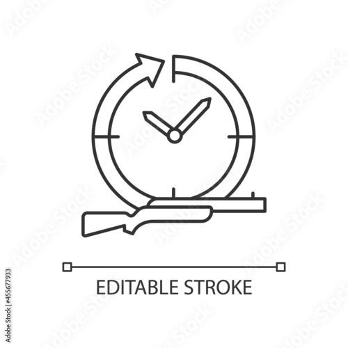 Hunting year-round linear icon. Pursue and capture prey. Wildlife animals killing. Thin line customizable illustration. Contour symbol. Vector isolated outline drawing. Editable stroke