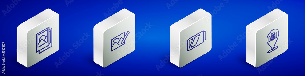Set Isometric line Photo frame, retouching, Battery for camera and icon. Vector Set Isometric line Photo frame, retouching, Battery for camera and icon. Vector