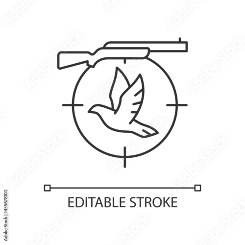 Pigeon shooting linear icon. Bird shooting competition. Roost and flighting dove hunt. Thin line customizable illustration. Contour symbol. Vector isolated outline drawing. Editable stroke