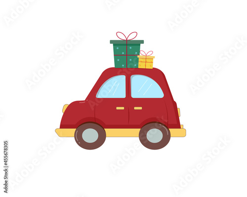Cartoon car with gift boxes. Idea for a card