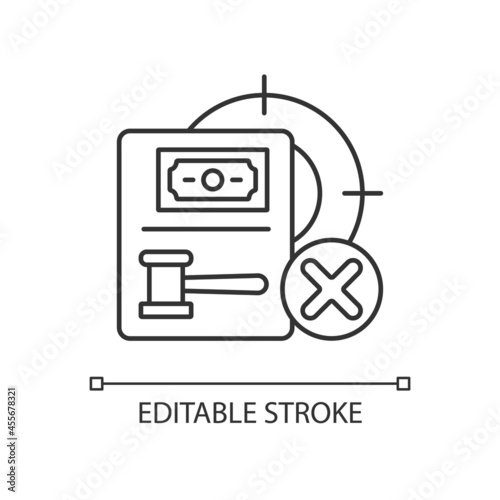 Wildlife protection linear icon. Act punishment or no license hunting fee. Provision offence. Thin line customizable illustration. Contour symbol. Vector isolated outline drawing. Editable stroke