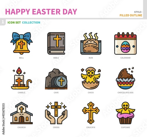 happy easter day icon set,filled outline style,vector and illustration