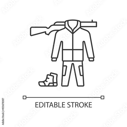 Hunting gear linear icon. Apparel for hunt. Camouflage. Tools and weapon. Hiking and travel kit. Thin line customizable illustration. Contour symbol. Vector isolated outline drawing. Editable stroke