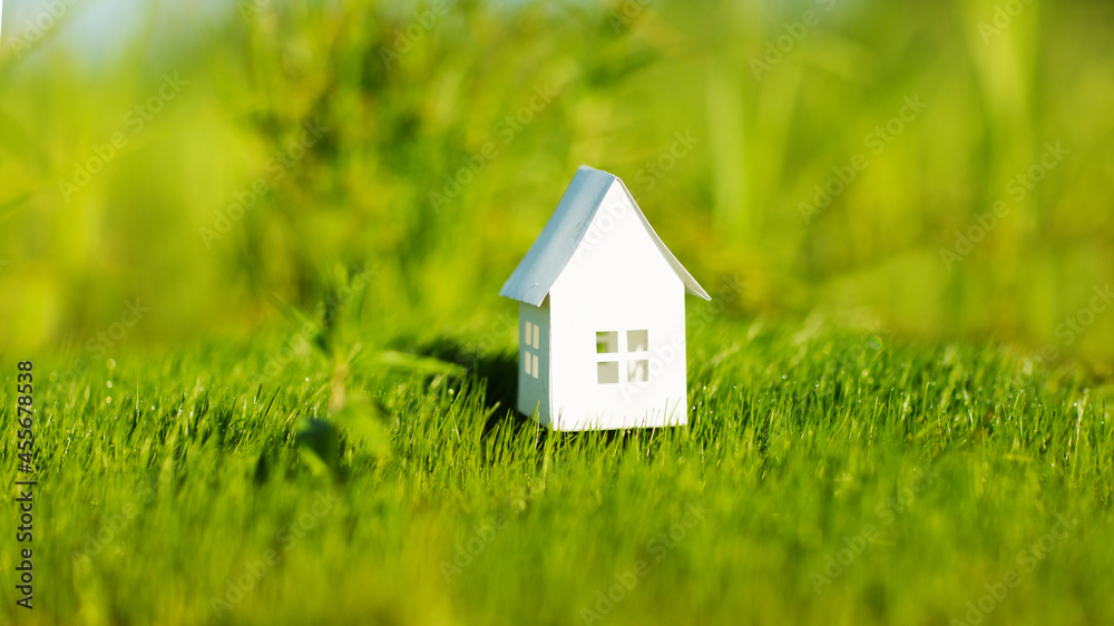 paper house against the background of green grass. climate change. ECO friendly house. paper house against the background of green grass. climate change. ECO friendly house.