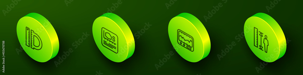 Set Isometric line Protractor and ruler, Area measurement, Measuring instrument and height body icon. Vector Set Isometric line Protractor and ruler, Area measurement, Measuring instrument and height body icon. Vector
