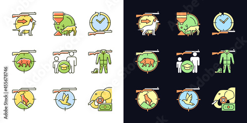 Animal hunter light and dark theme RGB color icons set. Dog handler. Goat, boar hunting. Illegal animal trade. Isolated vector illustrations on white and black space. Simple filled line drawings pack