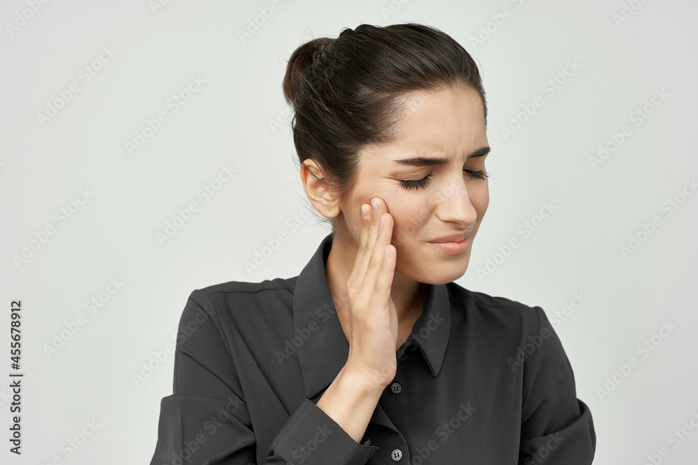 woman in black shirt migraine stress negative health problems woman in black shirt migraine stress negative health problems