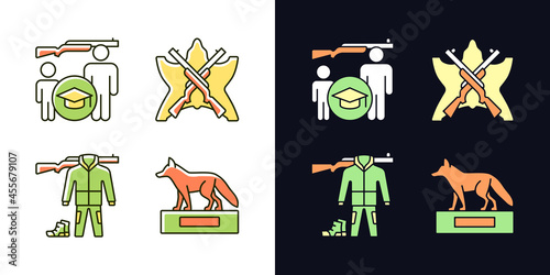 Hunting trophy and equipment light and dark theme RGB color icons set. Hunting junior education. Hunt trophy. Isolated vector illustrations on white and black space. Simple filled line drawings pack