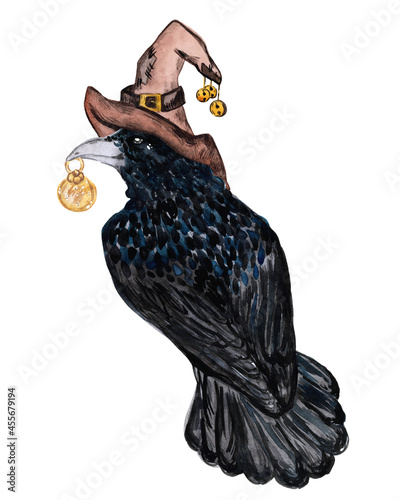 black raven in an old magic hat with a clock in its beak