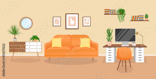 Modern living room interior with furniture and home plants. Design of a cozy room with a sofa, plants and decor items. Vector flat style illustration. lounge room.