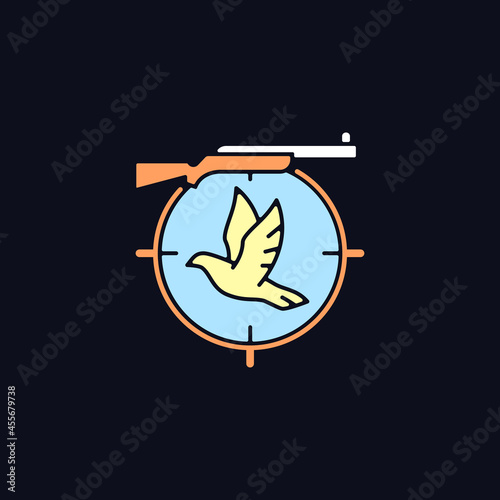 Pigeon shooting RGB color icon for dark theme. Bird shooting competition. Roost and flighting dove hunt. Isolated vector illustration on night mode background. Simple filled line drawing on black