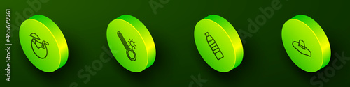 Set Isometric line Coconut cocktail, Meteorology thermometer, Bottle of water and Elegant women hat icon. Vector