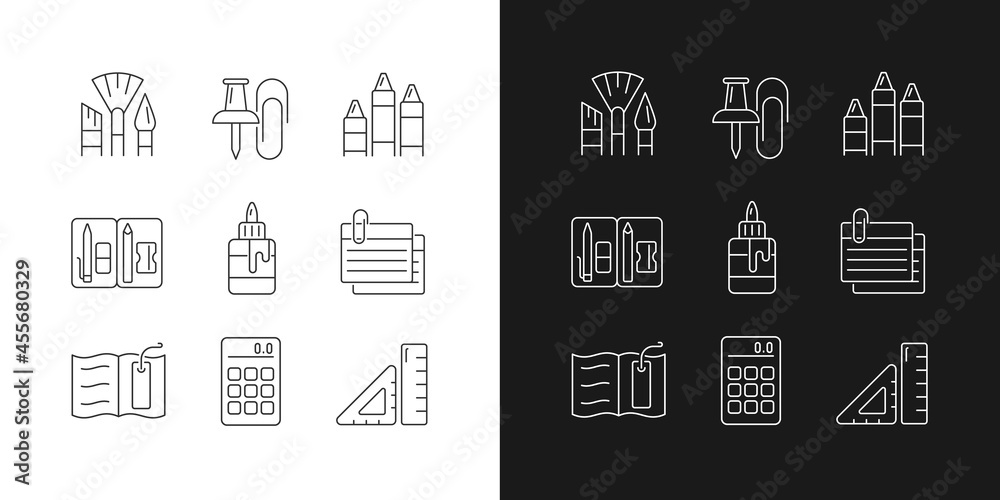 School essential equipment linear icons set for dark and light mode. Paint brush. Office supplies. Pencil pouch. Customizable thin line symbols. Isolated vector outline illustrations. Editable stroke