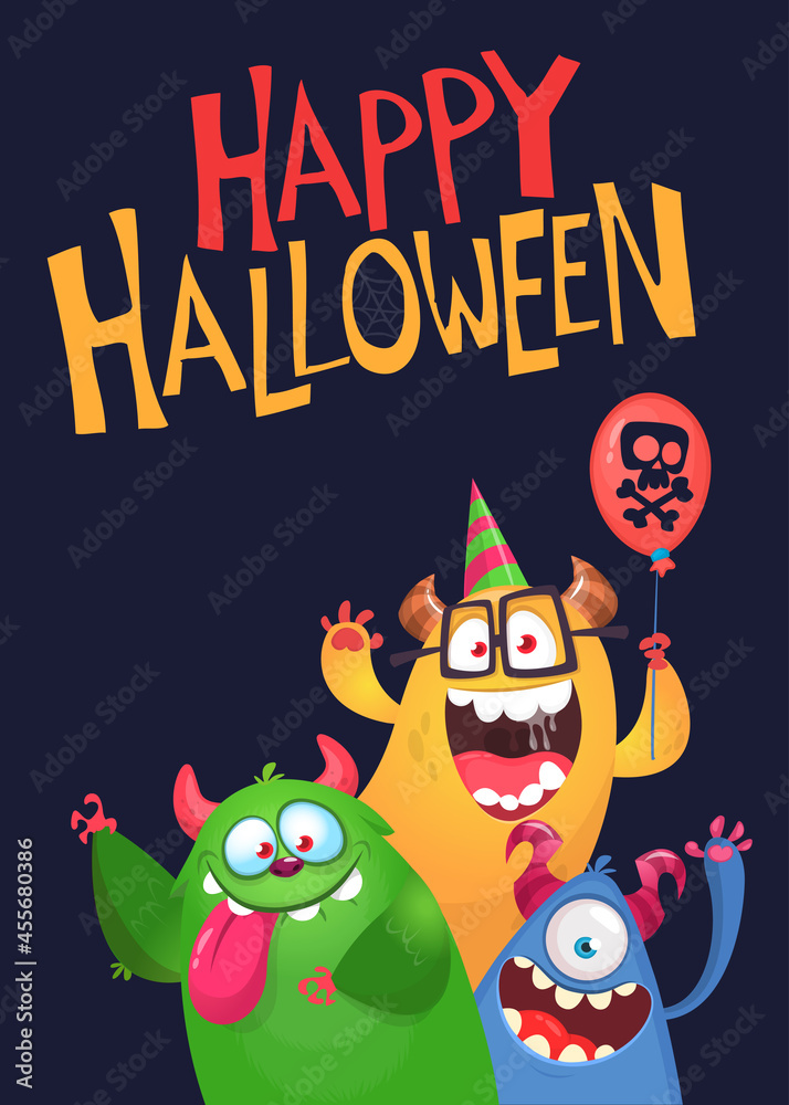 Naklejka premium Сartoon monsters characters. Illustration of happy scary smiling alien creatures for Halloween party. Package, poster or greeting invitation design. Vector