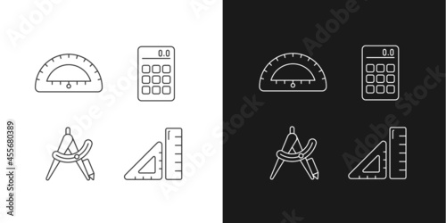 Architecture student tools linear icons set for dark and light mode. Drafting supplies. Calculator. Compass tool. Customizable thin line symbols. Isolated vector outline illustrations. Editable stroke