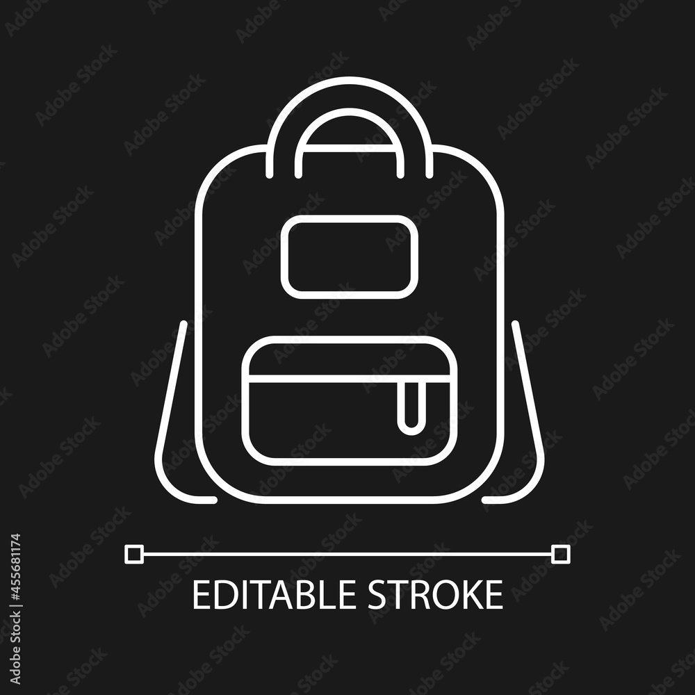 Schoolbag white linear icon for dark theme. Bag for carrying books and stationery items. Thin line customizable illustration. Isolated vector contour symbol for night mode. Editable stroke Schoolbag white linear icon for dark theme. Bag for carrying books and stationery items. Thin line customizable illustration. Isolated vector contour symbol for night mode. Editable stroke