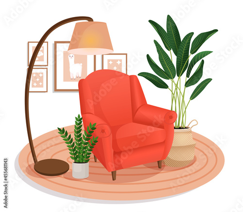 Cute interior with modern furniture and plants. Cozy room design with soft armchair, plants, wall pictures, carpet, lamp. Living room interior. Vector flat style illustration.