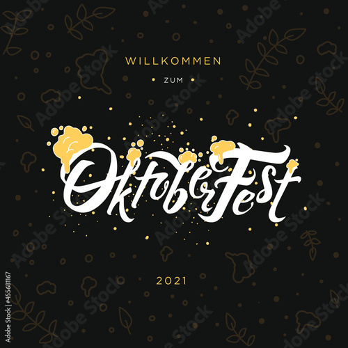 Oktoberfest handwritten lettering header. Beer foam. Vector Design template event celebration. Beer Bavarian Festival banner. Typography title for greeting cards and poster. Modern brush calligraphy.
