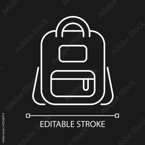 Schoolbag white linear icon for dark theme. Bag for carrying books and stationery items. Thin line customizable illustration. Isolated vector contour symbol for night mode. Editable stroke